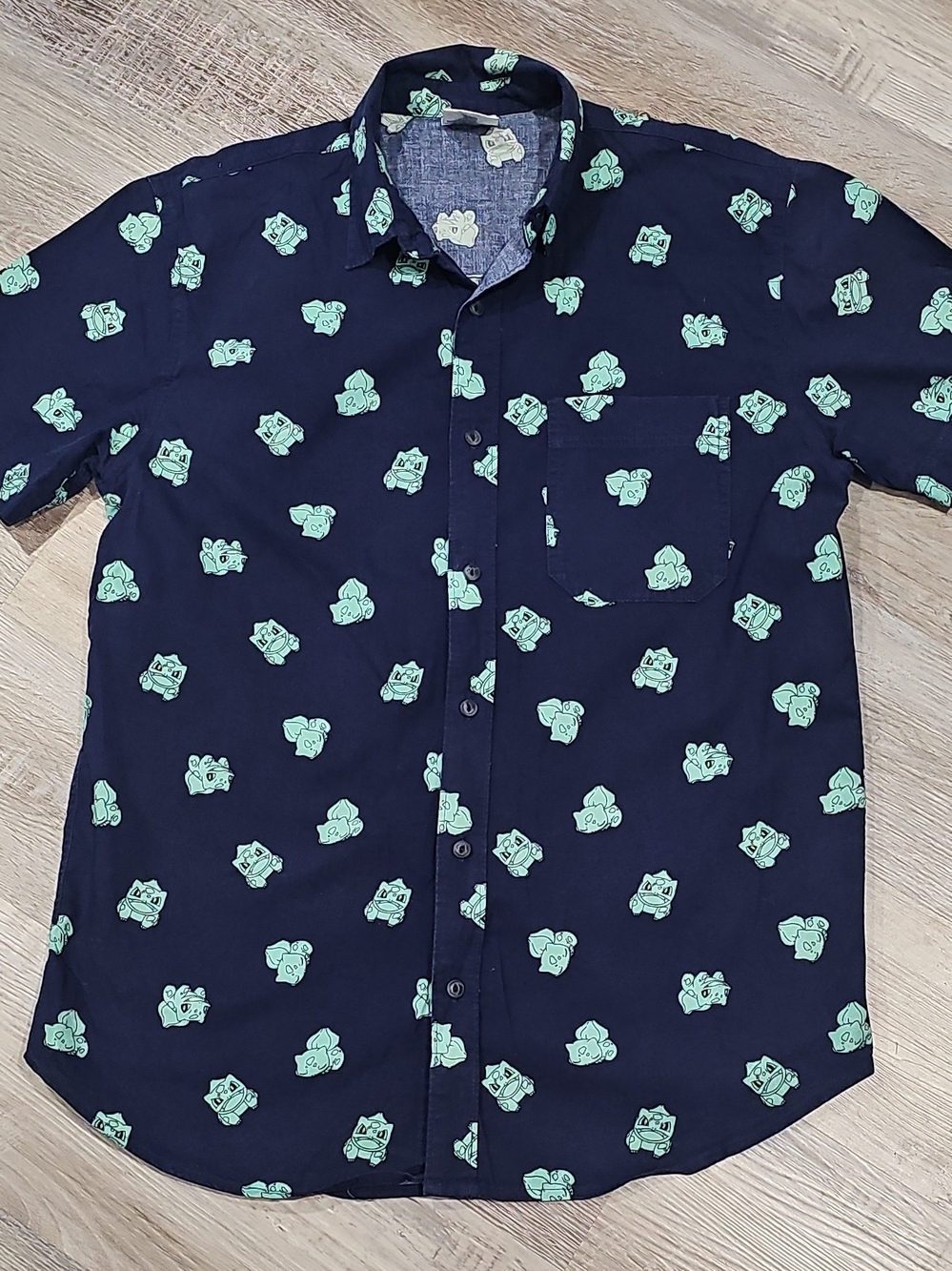 Pokemon Bulbasaur Navy Blue All Over Print Short Sleeve Button Down Shirt Small